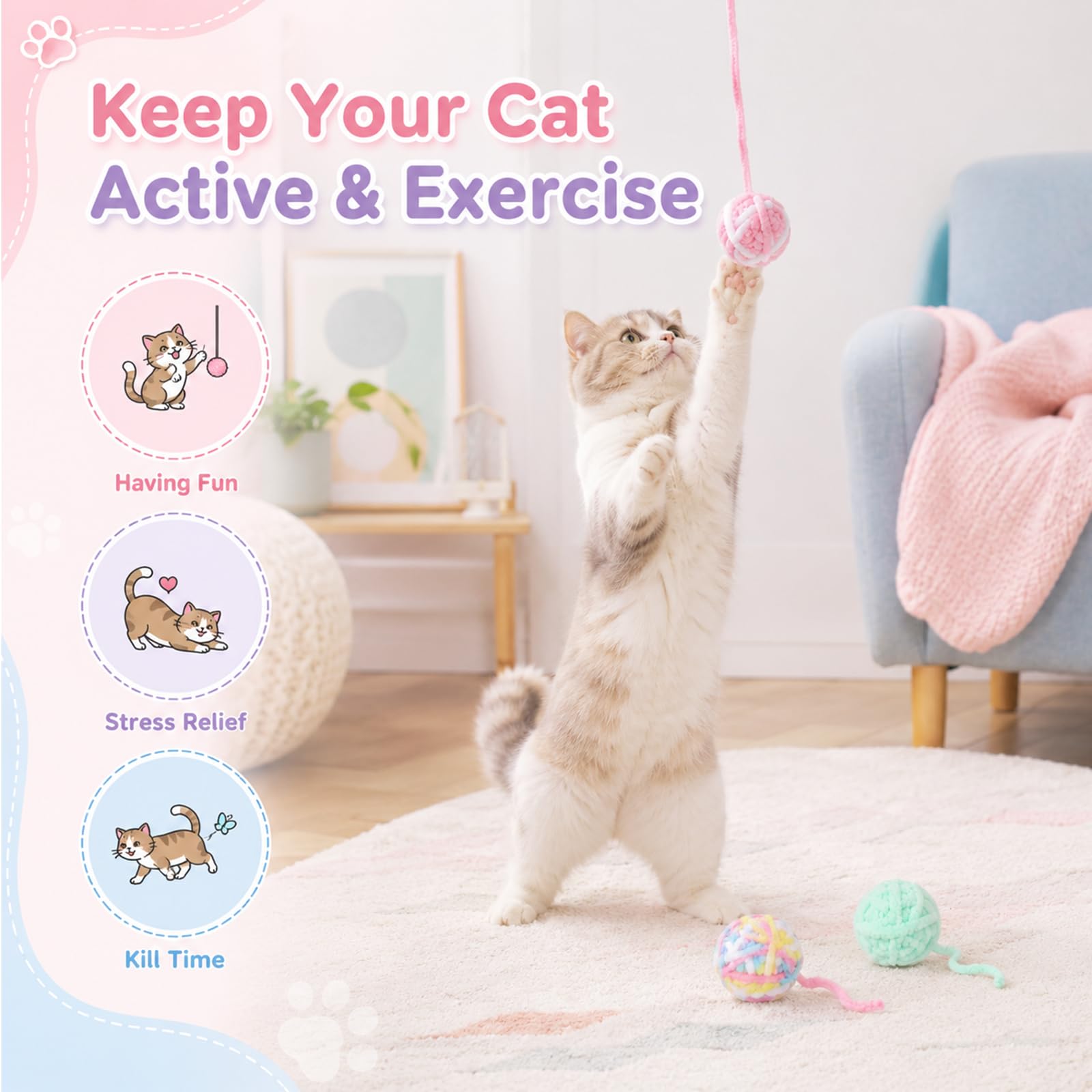 고양이 장난감 공, 양모실 고양이 공, 벨이 달린 인터 - Interactive Cat Toy 리뷰 및 가격